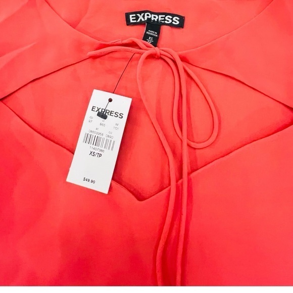 Express Orange Blouse V-Neck Chiffon Top XS Long Bell Sleeves Tie‎ Neckline NWT - Picture 8 of 15